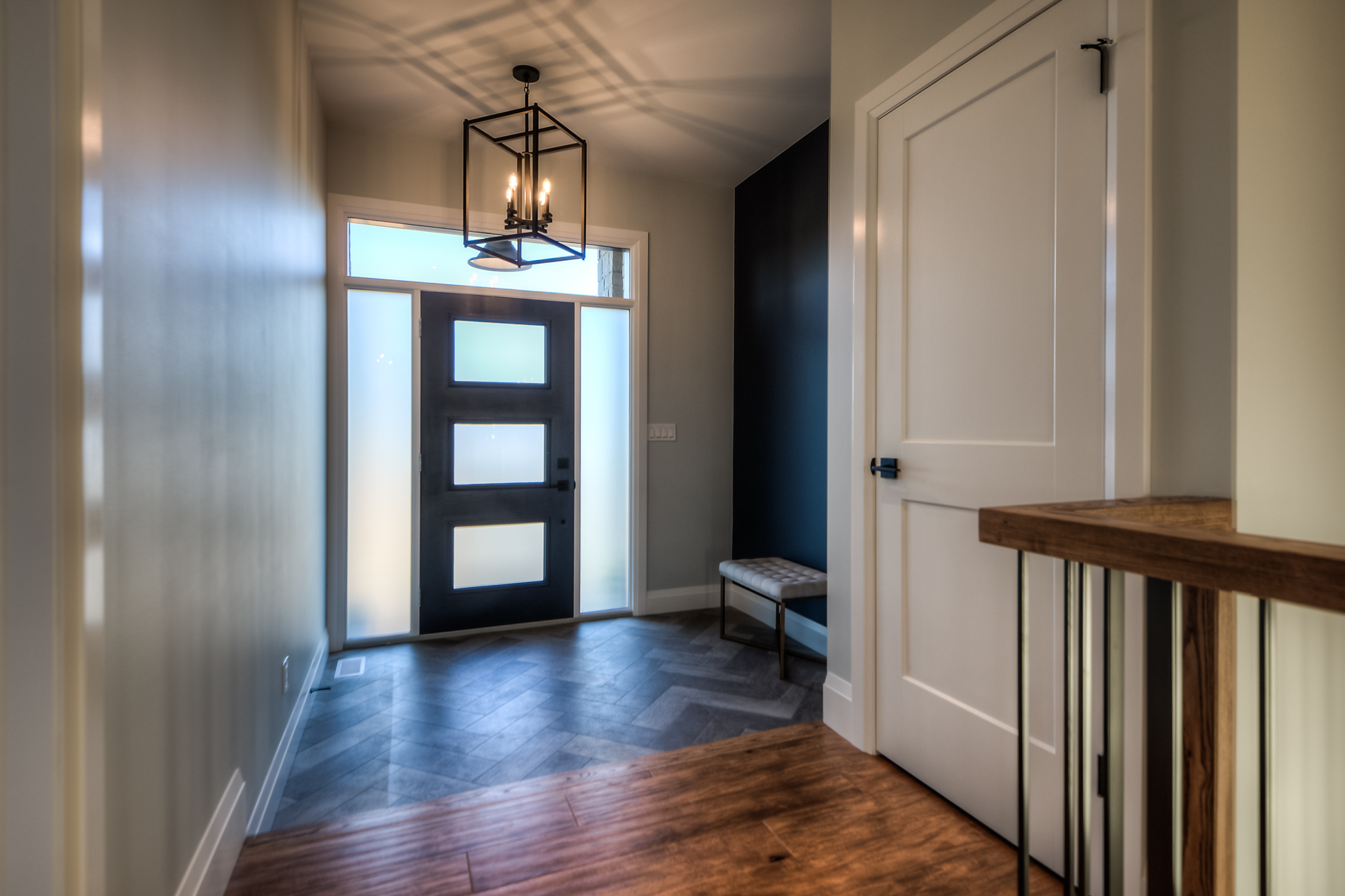 Mid-Century Modern Entry Door with Opaque Sidelites and Transom